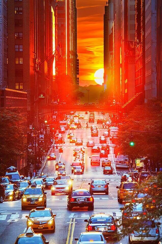 Traffic on 42nd Street with setting sun