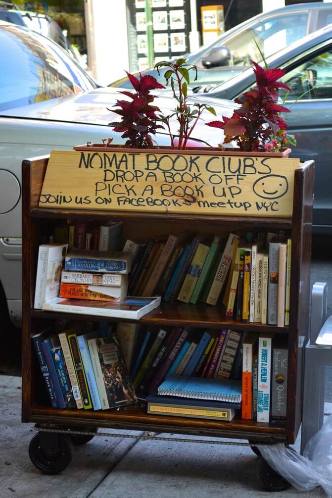 Nomat Book Club: A bookcase where people can take and leave books, in Washington Heights